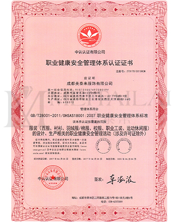 职业健康安全管理体系认证证书